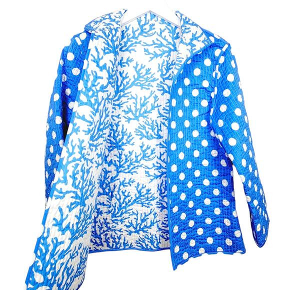 VINTAGE Blue White Polka Dot Quilted Cotton Blend Blazer Jacket - Size S - Picture 1 of 3